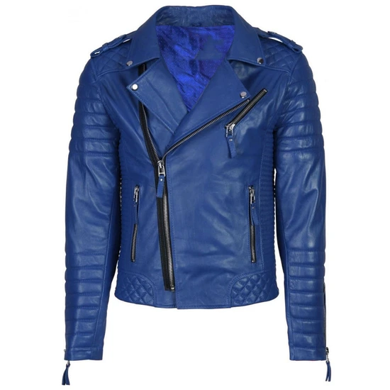 Men's Biker Style Blue Leather Jacket