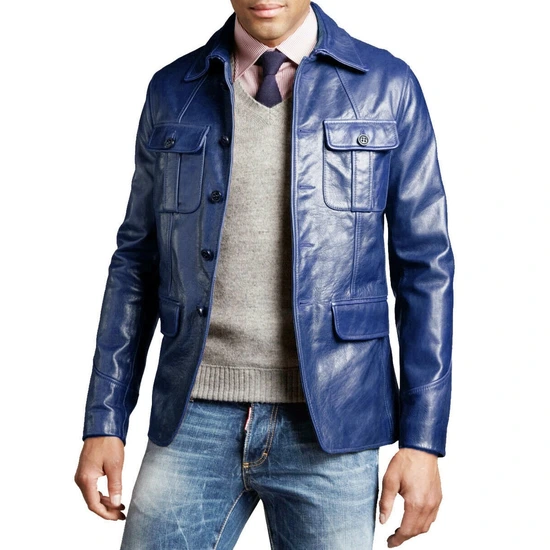 Men's Shirt Collar Blue Leather Jacket
