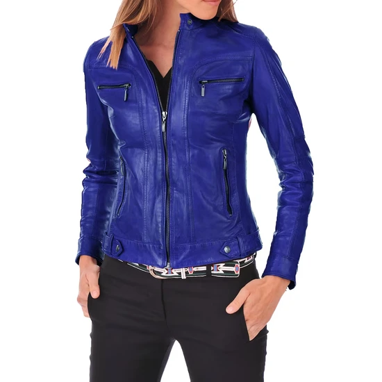 light blue leather biker jacket