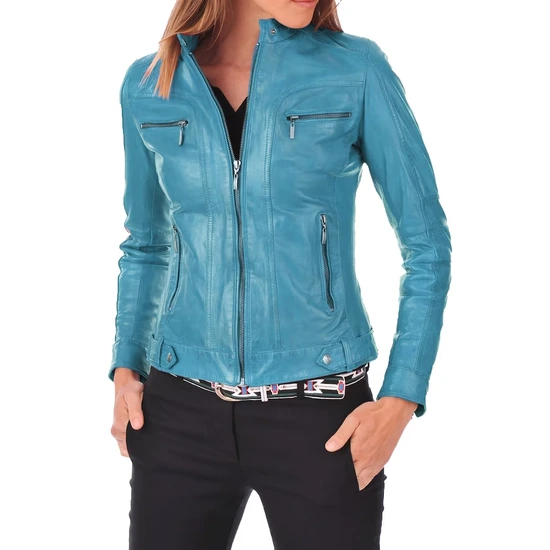 blue leather moto jacket women's