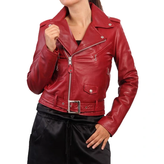 women's red leather jacket