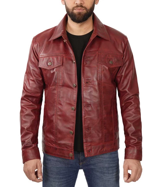 Maroon Trucker Leather Jacket