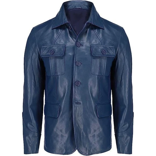 Men's Shirt Style Blue Leather Jacket