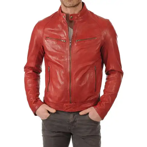 Red Cafe Racer Leather Jacket for Men