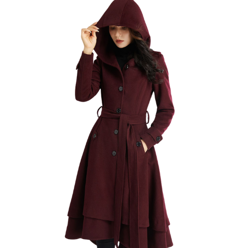 Women's Wine Red Hooded Wool Coat