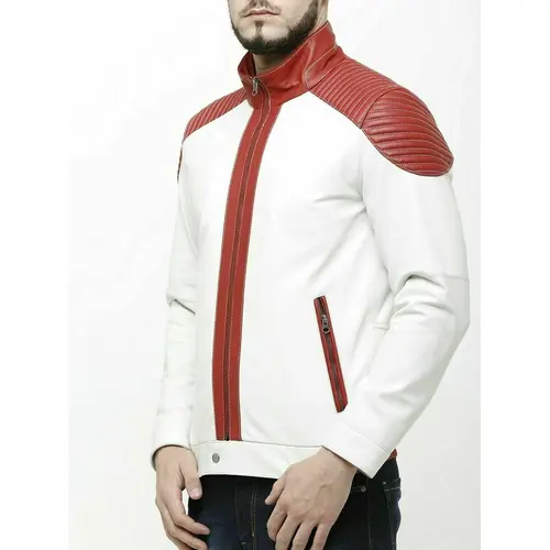 White and Red Leather Jacket for Men