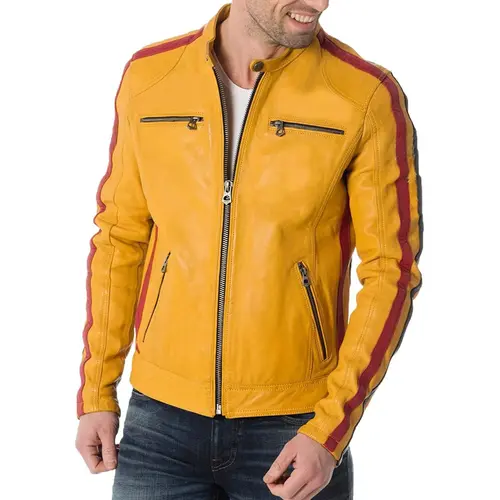Men-Red-and-Black-Stripped-Yellow-Leather-Jacket