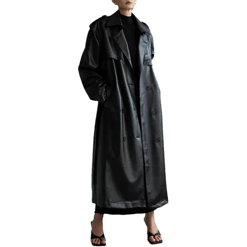 Oversized Women's Black Faux Leather Trench Coat