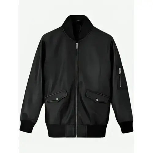 Classic Black Leather Bomber Jacket